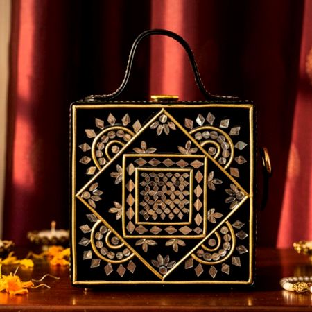 Black Mandala Lippan Art Handcrafted Square Sling Bag
